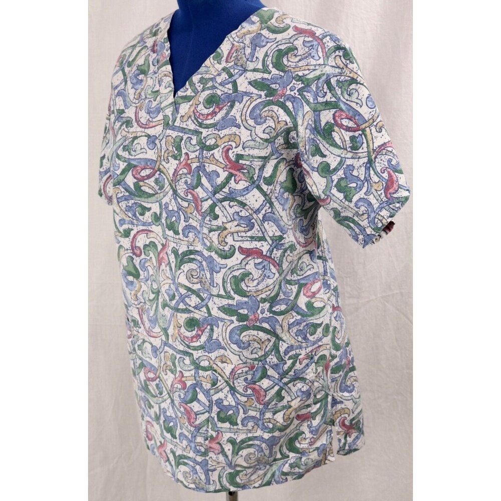Dilly Uniform Scrub Top Women XL Blue Multicolor Vines Uniform Medical Shirt VTG - Picture 2 of 11